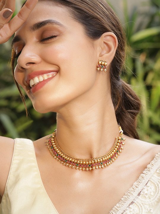 22KT Gold Plated Brass Red & Green Stone Studded Necklace Set