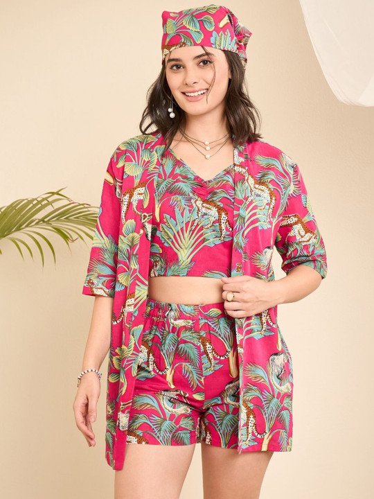 3Pcs Tropical Printed Cotton V Neck Top Shrug With Shorts Co-Ords