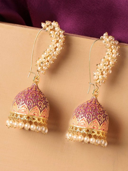 Gold-Toned & Pink Meenakari Enamel Pearls Ethnic Jhumka