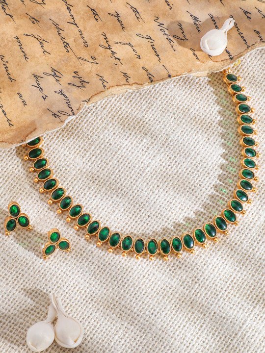 18K Gold-Plated Emerald Studded Traditional Necklace Set