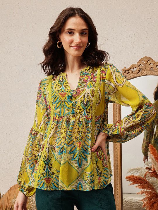 Green Floral Print V Neck Empire Top — photo 3