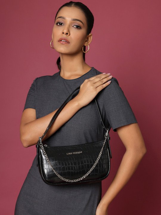 Black Croc Textured Baguette Bag