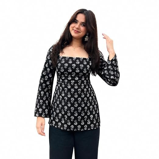 Printed Square Neck Straight Fit Short Kurti