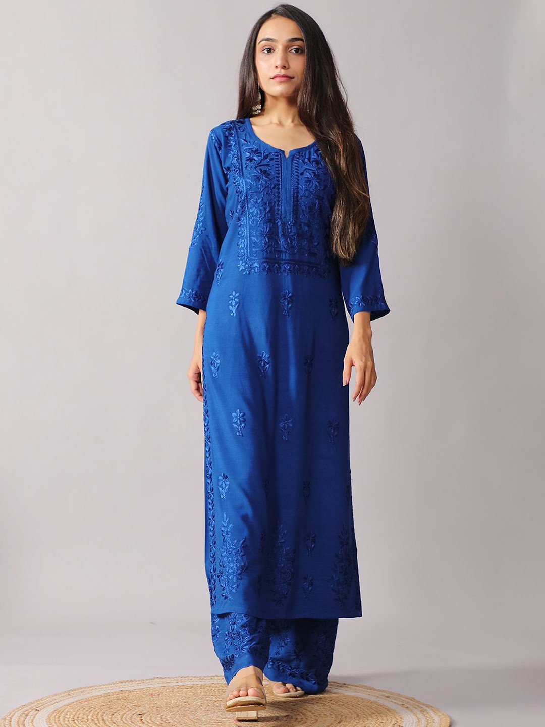 Blue Floral Embroidered Straight Kurta