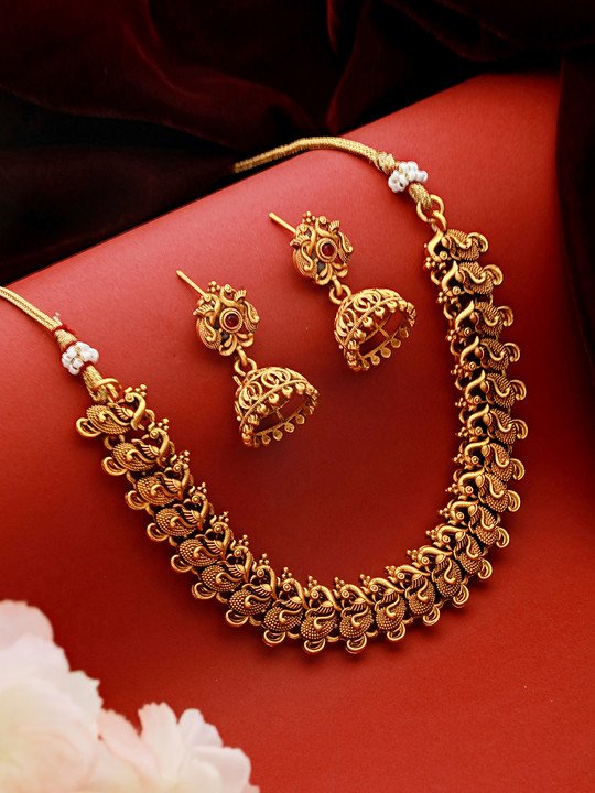 Gold-Plated & CZ-Studded Peacock Motif Temple Jewellery Set