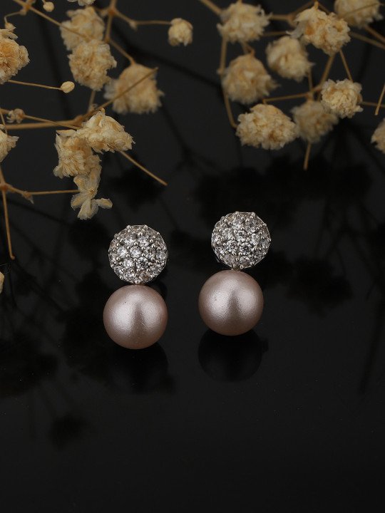 Rhodium Plated Cubic Zirconia Studded & Pearls Beaded Drop Earrings