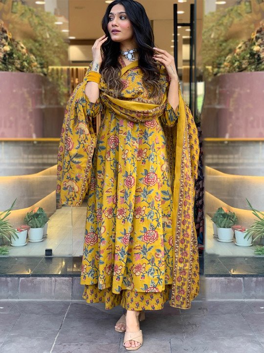 GoSriKi Floral Printed V-Neck Anarkali Kurta with Palazzos & Dupatta