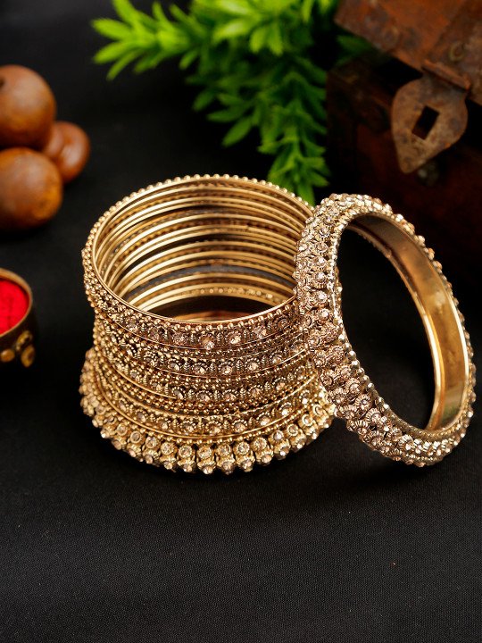 Set of 14 Antique Gold-Plated Stone-Studded Textured Bangles