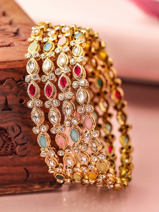 Set of 4 18K Mehandi Gold-Plated Multicolor Kundan & Gemstone Studded Bangles