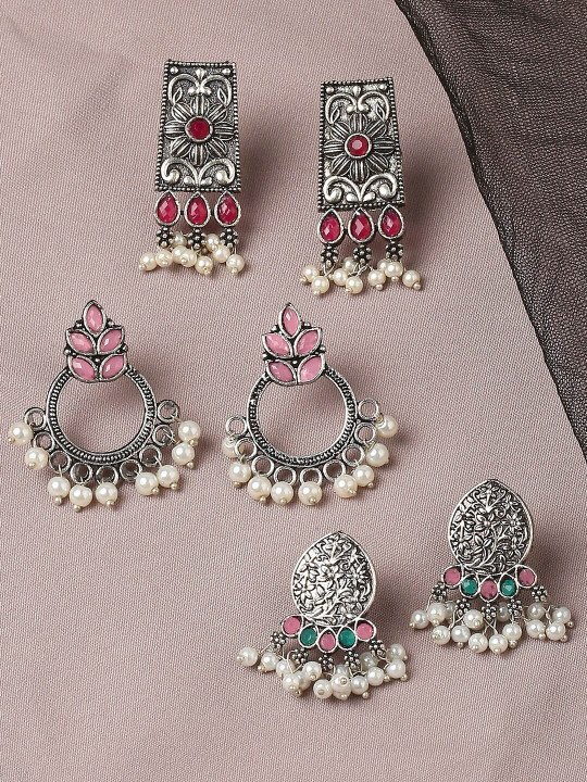 Silver-Toned & Red Floral Set Of 3 Jhumkas Earrings