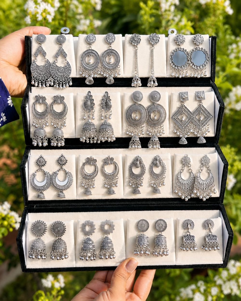 16 Pair Oxidized Jhumka Box for Jhumki Earrings Collection with Foldable Alloy Earring Set, Jhumki Earring