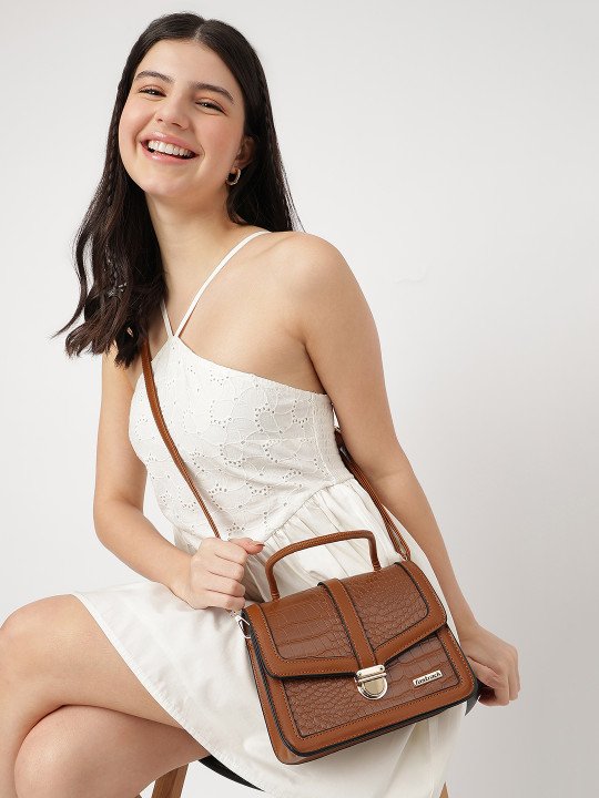 Women Textured Structured Sling Bag with Croc Faux Leather Construct