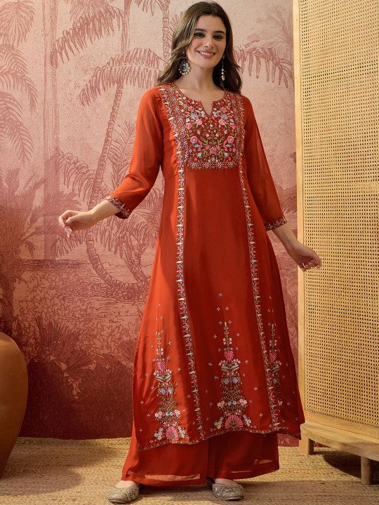 Sangria Embroidered Round Neck Kurta & Palazzos
