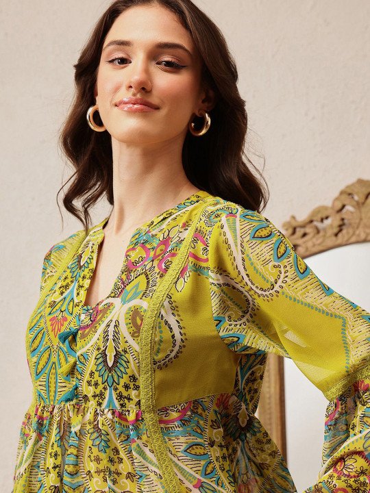 Green Floral Print V Neck Empire Top — photo 2